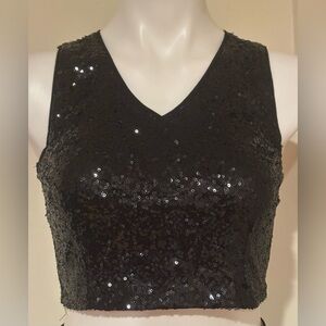ANNA KACI CALIFORNIA Black Sequin Sleeveless V Neck Crop Top Sz S.